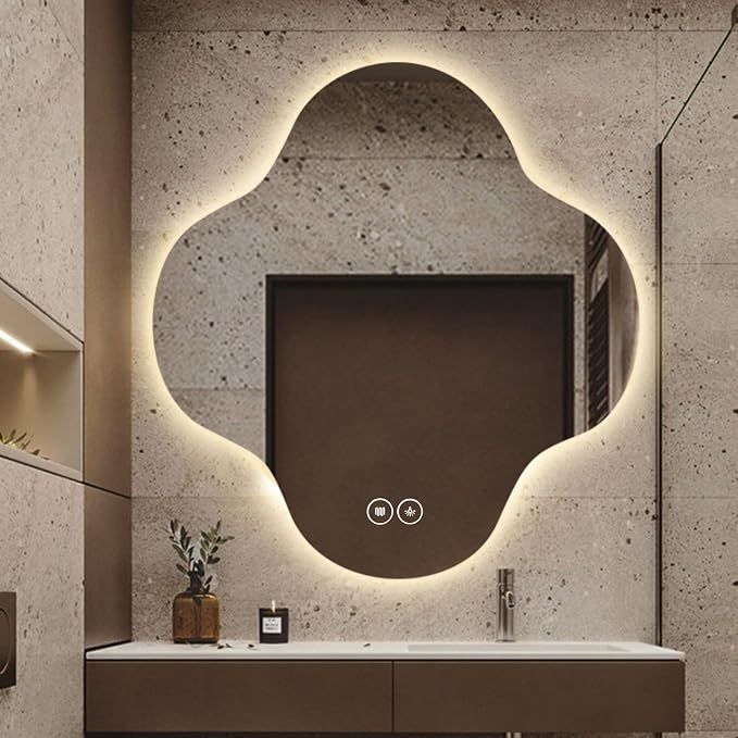 Irregular Bathroom Mirror with LED Light, Wall Mounted Mirror with Demister Pad by YUGXTH