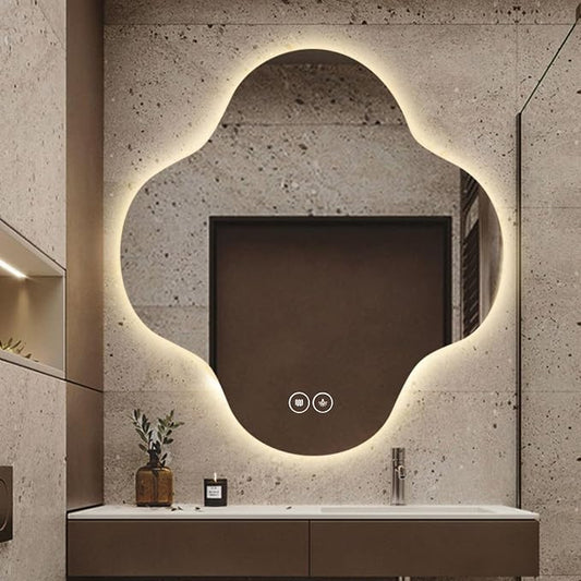 Irregular Bathroom Mirror with LED Light, Wall Mounted Mirror with Demister Pad by YUGXTH