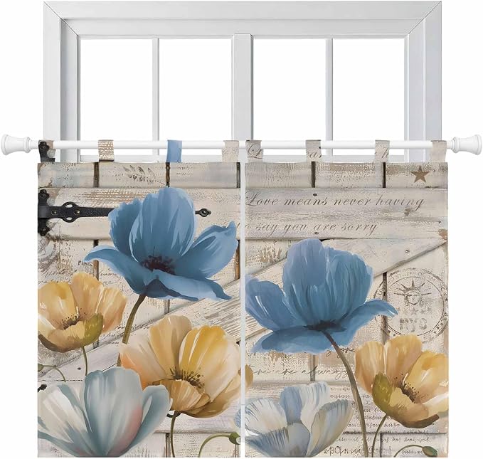 Blue Yellow Tulips Kitchen Curtains 45 Inch Length, Short Cafe Window Curtains by Unknown