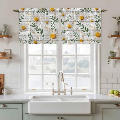 Spring Daisy Tier Curtains, Farmhouse Country Flower Leaf Plant Wood Grain - Image 2
