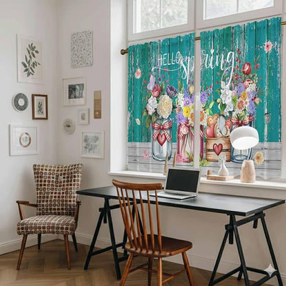 Spring Flowers Tier Curtains, Farmhouse Watercolor Teal Wood Grain Light - Image 6