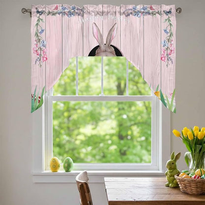 Swag Valance Curtains, Easter Cute Rabbit and Colorful Eggs Rod Pocket Valances - Image 3