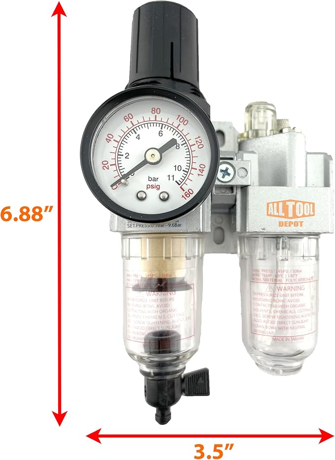 1/4" NPT Mini Compressed Air In Line Filter Regulator Lubricator Oiler Combo - Image 2
