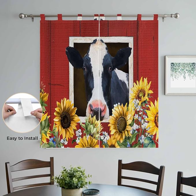 Cow Sunflowers Bathroom Curtains 63 Inch Length, Window Curtains Tab Top - Image 4