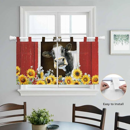 Cows Sunflowers Kitchen Curtains 36 Inch Length, Small Window Curtains Tab Top - Image 4