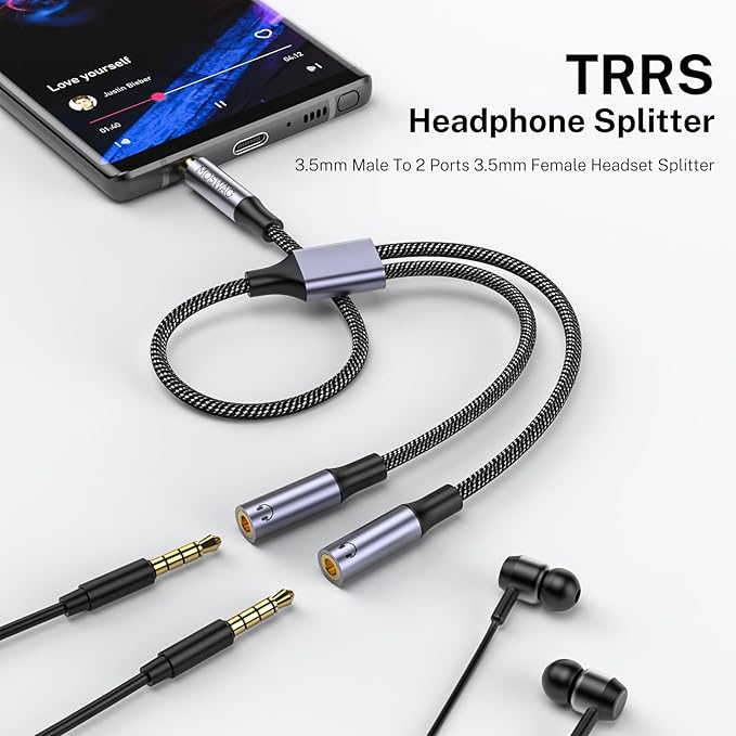 MOSWAG Headphone Splitter for 2 TRRS Headphones, 3.5mm Male to 2 Female Audio Jack Splitter Adapter Compatible with Two Headsets or Microphones to Pc, Laptop, Smartphones, Ps4, Ps5