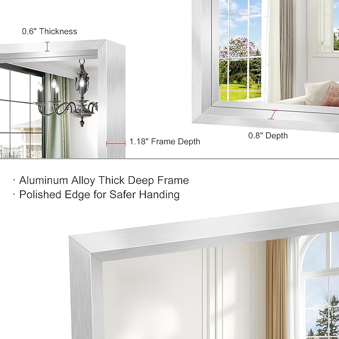 18x24 Silver Bathroom Mirror, Brushed Silver Rectangular Mirror for Wall, 0.6" Thickened Deep Frame Mirrors for Bathroom Sink, Shatterproof Tempered Glass, Antirust, Horizontally or Vertically