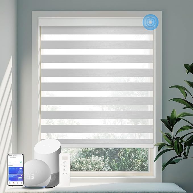 COOLWINDS Motorized Zebra Blinds for Windows Cordless Electric Curtains with Remote Control Blackout Shades Custom Smart Blinds Compatible with Alexa Google Home(Light Filtering Grey,W32 X 72in)