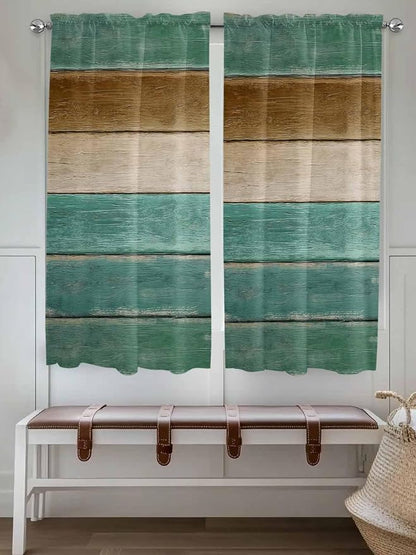 Vintage Plank Turquoise Brown Window Valance Curtains, Farmhouse Wood Grain - Image 2
