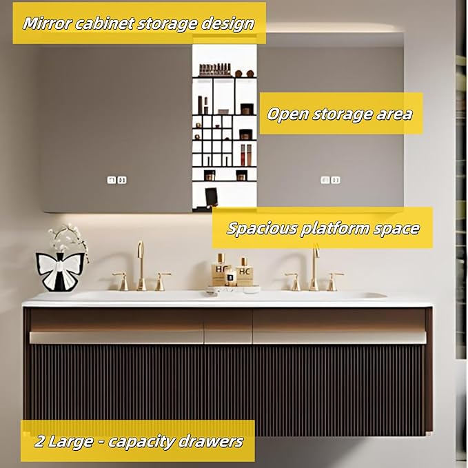 Bathroom Vanity with Double Sink - Bathroom Cabinet Vanity Including Grille Shaped Panel | Bathroom Vanity Double Sink, Soft Light LED Lights & Smart Defogging Mirror (Mirror Cabinet, 84IN)