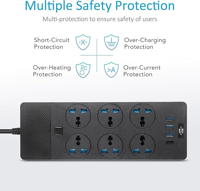 UK to US Plug Adapter, Jumpso Power Strip with 6 International Outlets and 4 USB Ports (1 USB C), 110-240v, 3000w, 6Ft, Universal Travel Adapter Extension Cord for Electrical Equipment