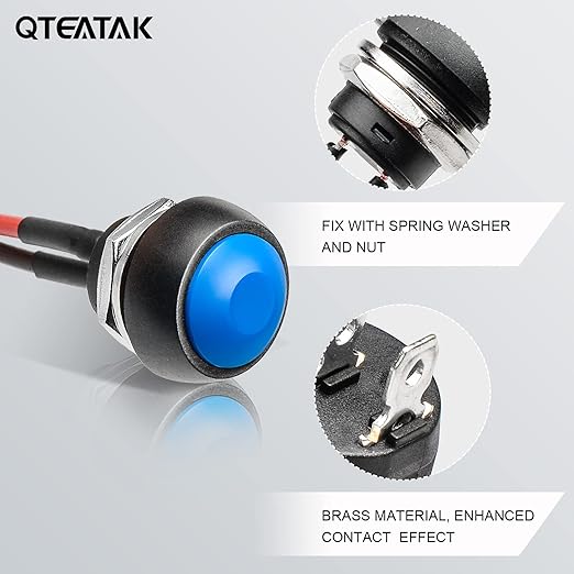 QTEATAK 1/2"(12mm) Pre-Wired Mounting Hole On/Off Blue Mini Round Waterproof Momentary Push Button Switch JF-33B -2Pack