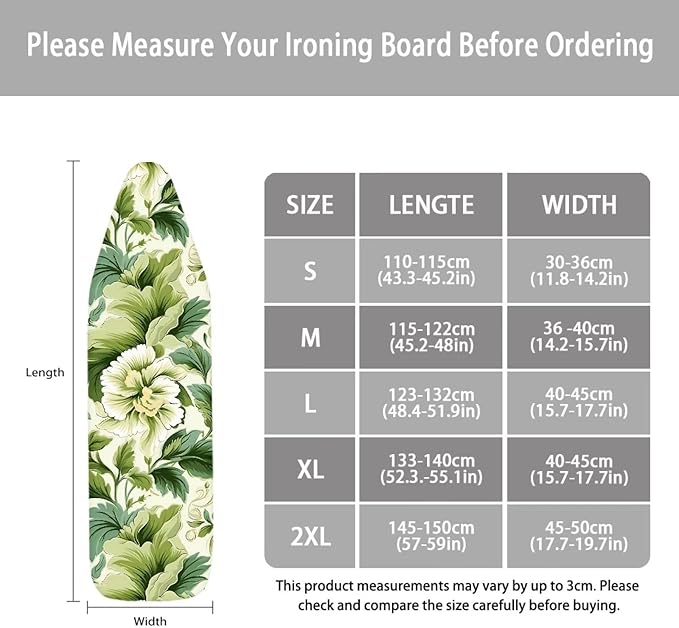 ZCFYGDX Ironing Board Covers Flower Branches Green Print Easy to Install Resistant,Elastic Edge 3 Nylon Buckle Strap Fasteners Breathable & Wear-Resistant,Resist Scorch Staining Protective Cover