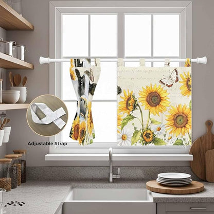 Yellow Sunflowers Kitchen Curtains 24 Inch Length, Small Window Curtains Tab Top - Image 5
