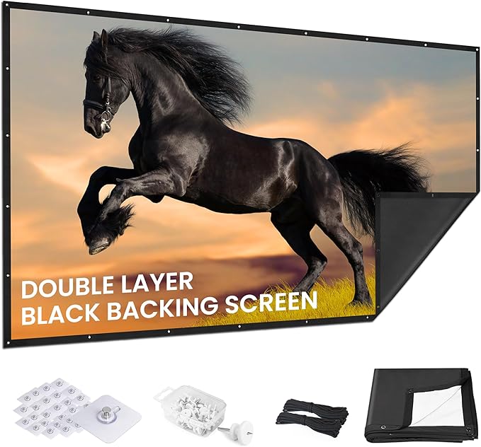 2025 Upgraded Portable Projector Screen - Black Backing,Straight Edges, Foldable, Washable and Wrinkle-Free - for Indoor Home Theater and Outdoor Cinema -150 inch White 16:9 by IOLIEO