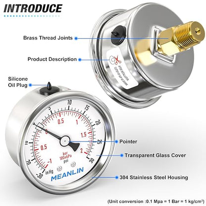MEANLIN MEASURE -30inHG~30Psi Vacuum Gauge Stainless Steel 1/4" NPT 2" FACE - Image 4