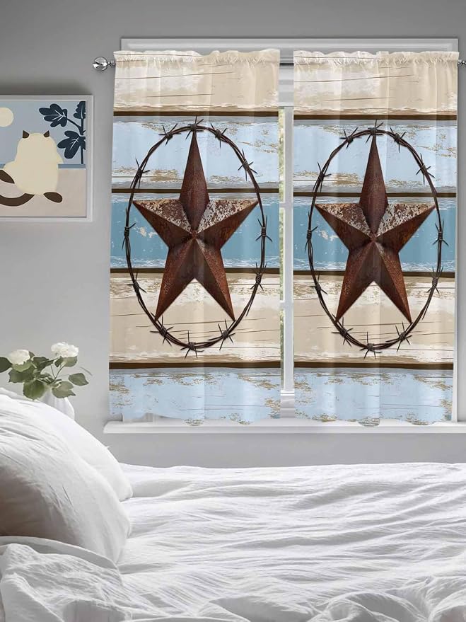 Vintage Western Star on Wood Grain Window Valance Curtains, Retro Wooden - Image 5