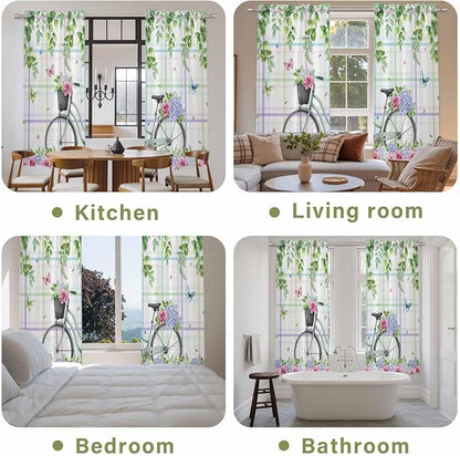 Spring Kitchen Curtains, Bicycles Botanical Leaves Rose Colorful Stripes Light - Image 8