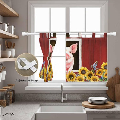 Pigs Sunflowers Kitchen Curtains 36 Inch Length, Small Window Curtains Tab Top - Image 5