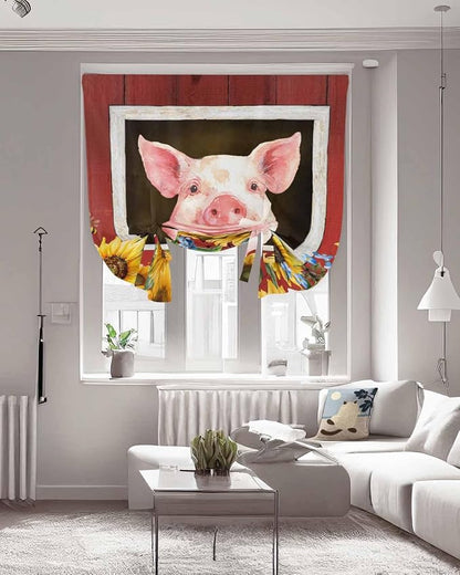 Tie Up Curtains for Windows, Pigs Sunflowers Adjustable Balloon Nature Linen - Image 3