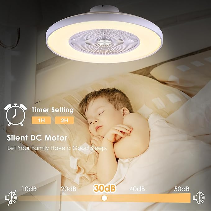 HUMHOLD 24" Bladeless Ceiling Fans with Lights and Remote/APP Control, Low Profile Ceiling Fan with 3-Dimmable Lights, Enclosed Flush Mount Ceiling Fan for Kid's Bedroom/Living Room