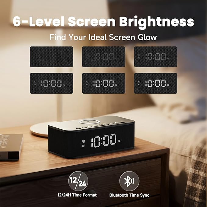 Fansbe Direct Digital Alarm Clock White Noise, Loud Digital Alarm Clocks Bedrooms, Alarm Clock Speaker Wireless Charger AUX USB Bluetooth Speaker 12/24H Dual Alarm Snooze Adjustable Brightness, Black