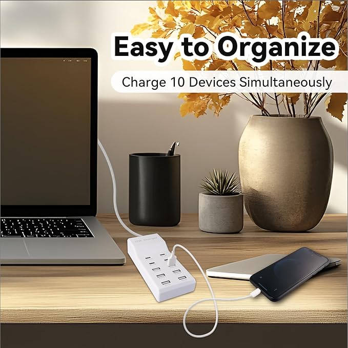 USB Charging Station with 6 USB-A & 4 USB-C Ports, 50W 10A USB Charging Block for Smart Phone, Tablet, Laptop, Multiple Devices - USB Power Strip with Auto-Detect Technology (2 PCS)