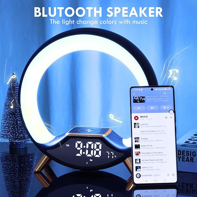 GuDoQi Sunrise Alarm Clock with Fast Wireless Charger Station and Bluetooth, Full Screen with Sunrise Simulation Light, Sleep Aid, Dual Alarms, FM Radio, 10 Colors Nightlight for Bedroom, Black