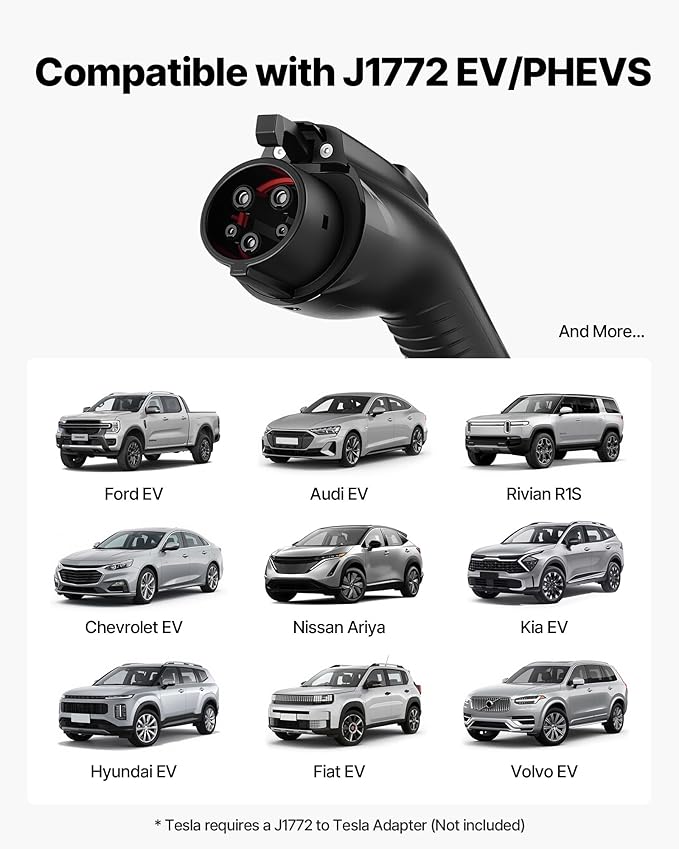 VEVOR Level 1&2 EV Charger, 16 Amp, Electric Vehicle Portable Charger with 25 ft Charging Cable, 120V-240V, NEMA 6-20P Plug NEMA 5-15 Adapter, LED Indicator, Home Car Charging Station for SAE J1772 EV