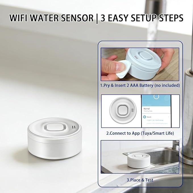 100dB Loud Wireless Water Leak Detector, WiFi Water Leak Sensor for Kitchen Bathroom Basement, Floor & Pipe Drip Alert
