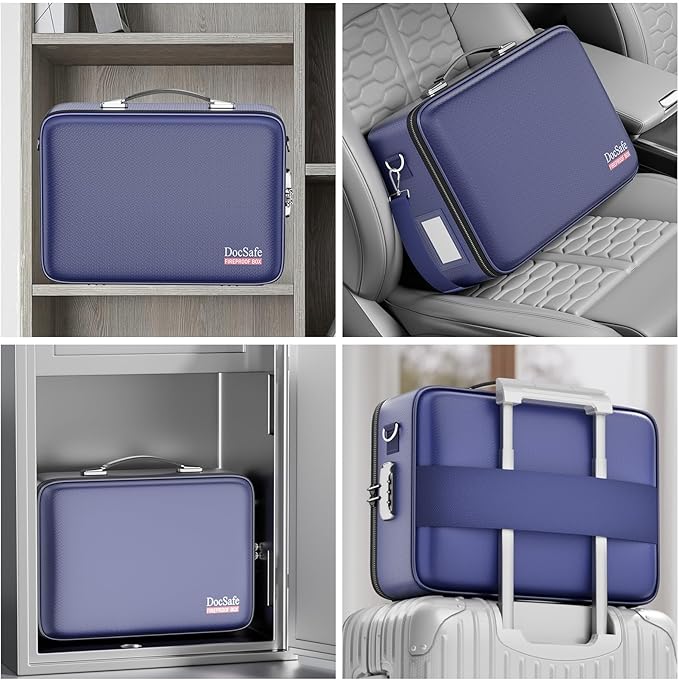DocSafe Fireproof Document Box with Lock, Hard Case File Organizer with Accordion File Folder, Fireproof Water Resistant Safe Box Home Office Travel Storage for Important Documents Laptop Blue