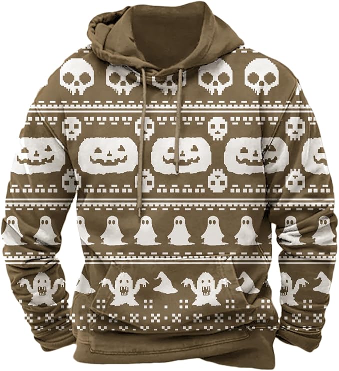 Halloween Hoodie Men Graphic Pumpkin Ghost Printed Sweatshirt Casual Trendy Long Sleeve Halloween Hooded Tops with Pockets