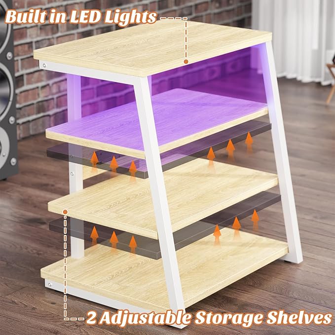 Besiost AV Media Stand with Outlets, Media Console with LED Lights, Stereo Racks and Stands with Storage Shelves, Media Audio Tower Cabinet, Natural Oak and White