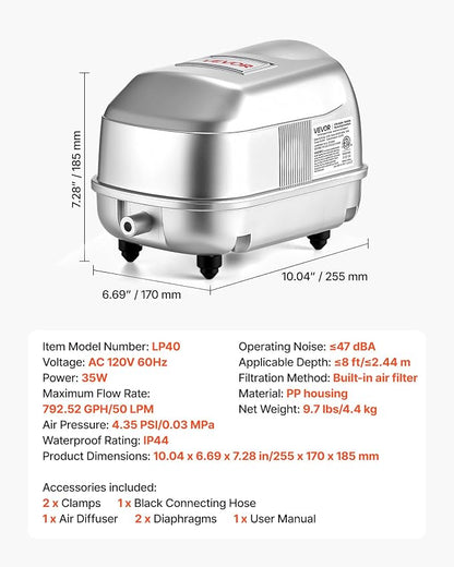 VEVOR Linear Air Pump, 792 GPH High Output Aerator - Image 7