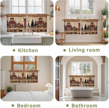 Brown Farmhouse Tier Curtains, Vintage Country Animals Wooden Grain Light - Image 8