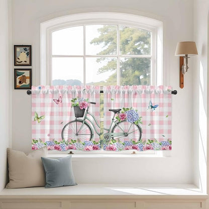 Spring Tier Curtains, Bicycles Leaves Butterfly Flowers Pink Buffalo Plaid - Image 3