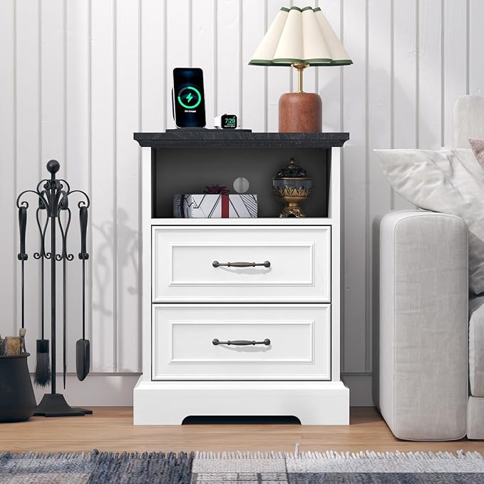 Nightstand with Charging Station,18" Wide End Table with 2 Large Drawers & Metal Handles,Rustic Farmhouse Wood Small Dresser,Bedside Table,Modern Chest of Drawers for Bedroom,Living Room,Off White
