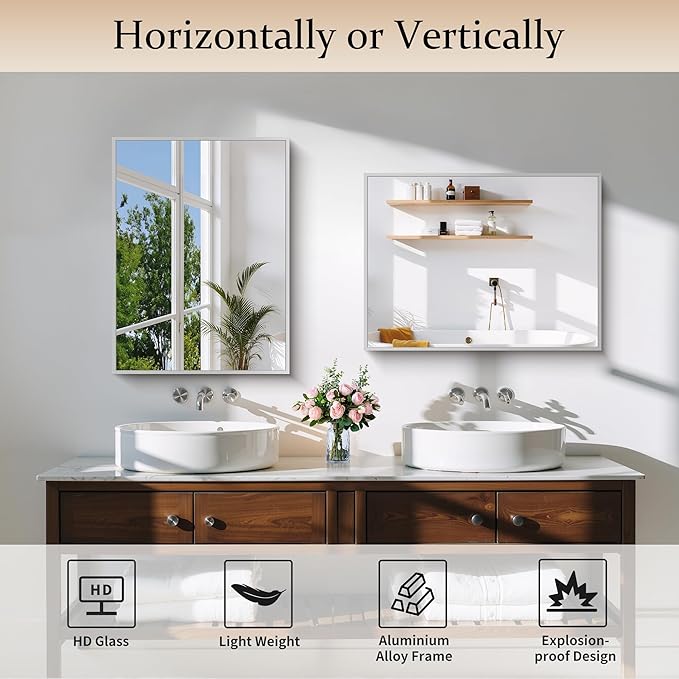 Silver Bathroom Mirror for Wall, 18x24 Inch Rectangle Mirror with Metal Frame, Modern Vanity Mirrors for Bathroom Living Room, Entryway Hangs Horizontal or Vertical
