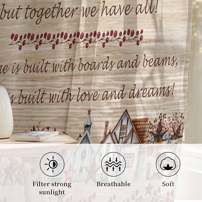 Farmhouse Sheer Curtains 45 Inch Length Brown Country Star Berry Vintage Wood - Image 2