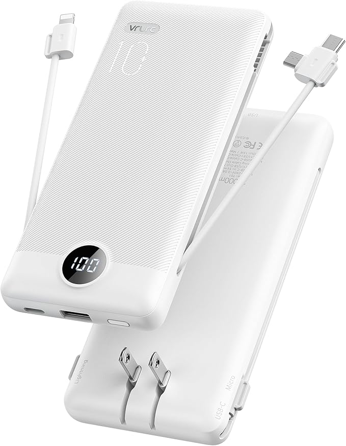 VRURC Portable Charger with Cables and Wall Plug | Power Bank with Cords | 10000mAh Portable Charger with AC Plug | External Battery Pack (Pure White)