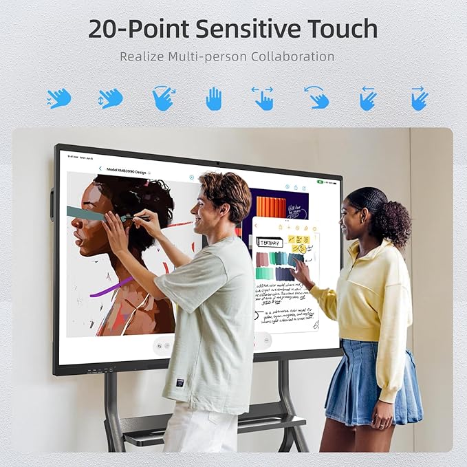 QIXZOCV 75" Smart Board for Business, Large Interactive Whiteboard with Multi-Touch, 4K Electronic Board with Screen Sharing, Bluetooth/WiFi/HDMI, Camera & Mic, Android 13,8+128G (Wall Mount Included)
