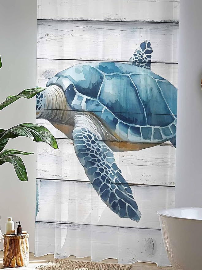 Sheer Curtains 96 Inches Long, Sea Turtle Blue Semi Sheer Curtains Light - Image 4