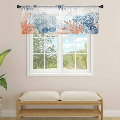Ocean Corals Sheer Valance Curtains, Summer Beach Coral Sea Stars Light - Image 4