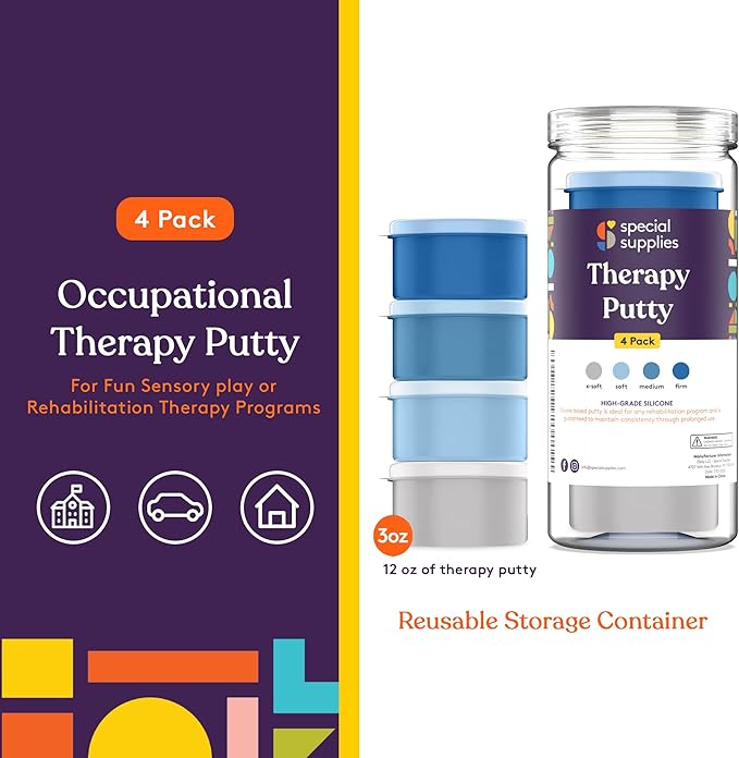 Special Supplies Therapy Putty for Kids and Adults - Resistive Hand Exercise Stress Relief Therapy Putty Kit, Set of 4 Strengths, Three Ounces of Each Putty (Ocean Colors)