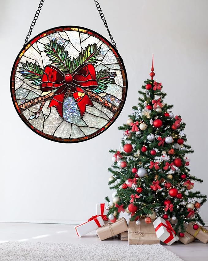 DASTOLL Stained Glass Window Hanging - Pine Branches Red Bow Suncatcher for Doors Home Christmas Decoration Silver Sun Catcher Thanksgiving New Year Birthday Gifts for Women Men Mom Nana 11.8 in