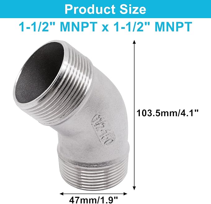 45 Degree Elbow 1PCS, 1-1/2" NPT Male X 1-1/2" NPT Male 304 Stainless Steel - Image 2