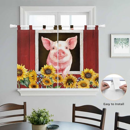 Pigs Sunflowers Kitchen Curtains 45 Inch Length, Short Cafe Window Curtains Tab - Image 4