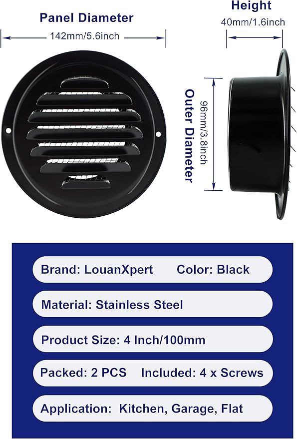 4 Inch Black Soffit Vent Cover, LouanXpert Stainless Steel Round Air Vent Cover - Image 2