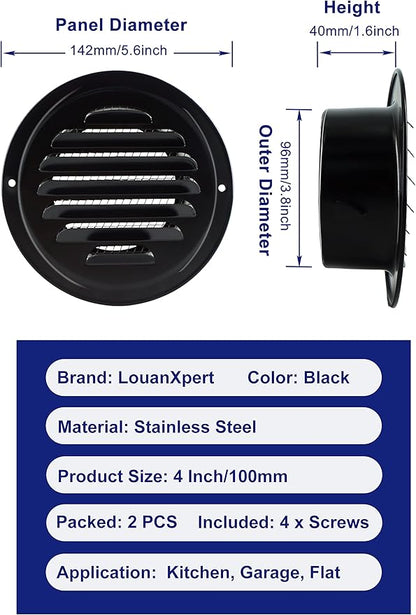 4 Inch Black Soffit Vent Cover, LouanXpert Stainless Steel Round Air Vent Cover - Image 2