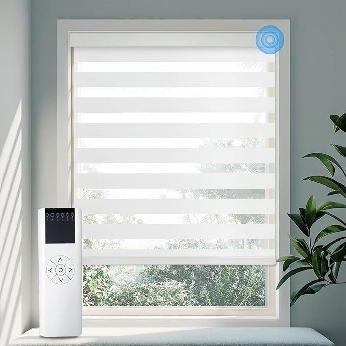 COOLWINDS Motorized Zebra Blinds for Windows Cordless Electric Curtains with Remote Control Blackout Shades Custom Smart Blinds Compatible with Alexa Google Home(Light Filtering White,W35 X 72in)